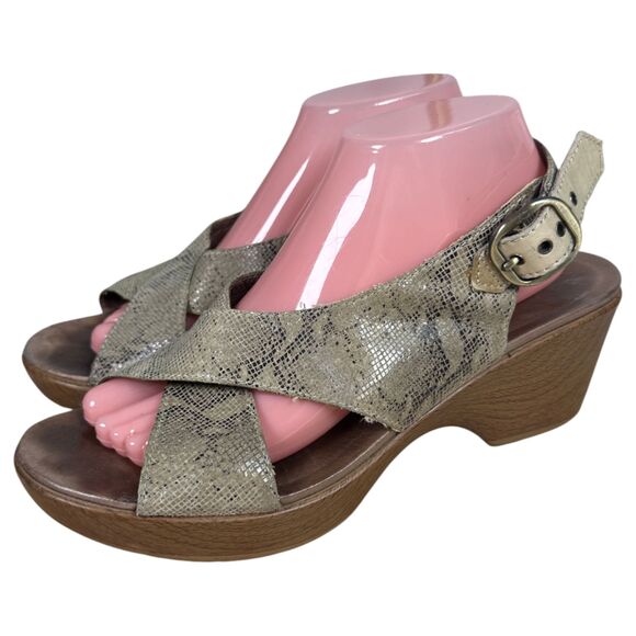 Dansko Jacinda Taupe Snake Print Wedge Sandals Leather Size 41 US 10.5 - 11 - Picture 1 of 9